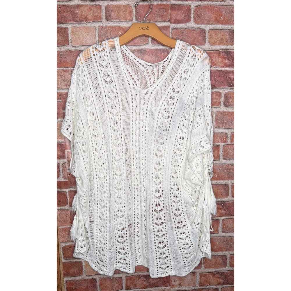 Cache Ivory White Crochet Knit Poncho Tassel Fringe Cover Up Festival Boho Top